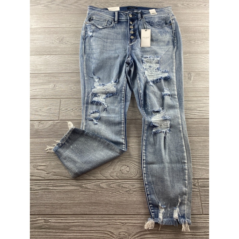 Judy Blue Jeans Womens 14W Skinny Fit High Waist Button Fly Distressed NWT New